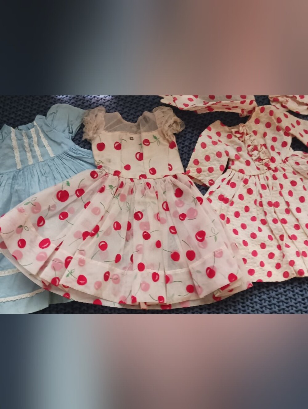 Doll Dresses Vintage Trio- Cherry Print - Blue Ruffle -  Red Polka Dot W/Beret